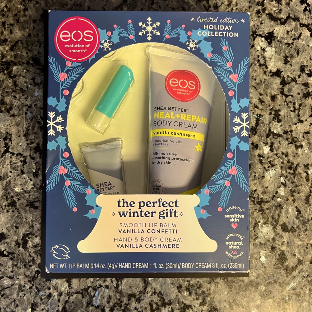 EOS limited edition set BODY/hand CREAM/LIP BALM  VANILLA confetti & CASHMERE